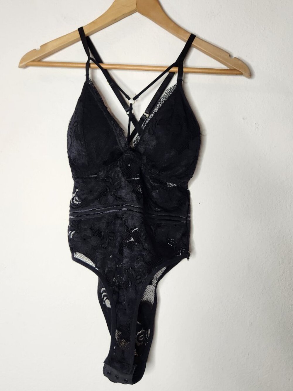 Black Lace Strappy Lingerie Bodysuit Padded Cheeky Floral Stretchy